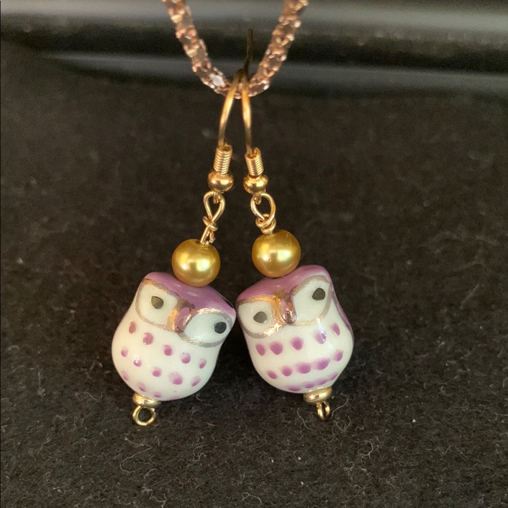Owl Dangle Pierced Earrings Purple  Ceramic Bead Gold Tone Handmade Handcrafted